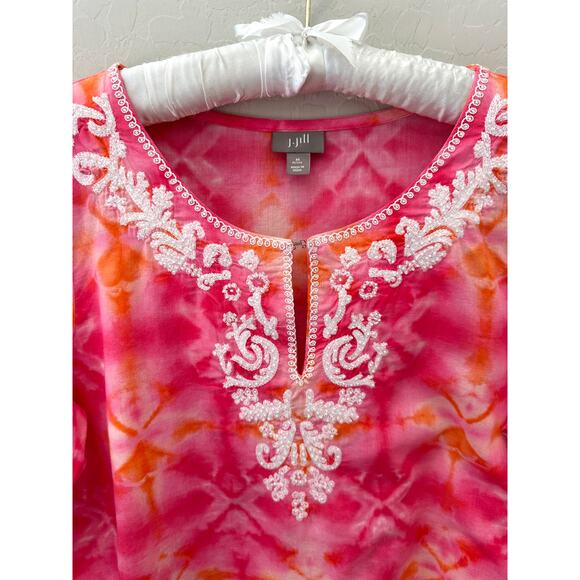 J. JILL Tunic Top Tie Dye Cotton Embroidered Boho Peasant Blouse | Petite Medium - Picture 4 of 8